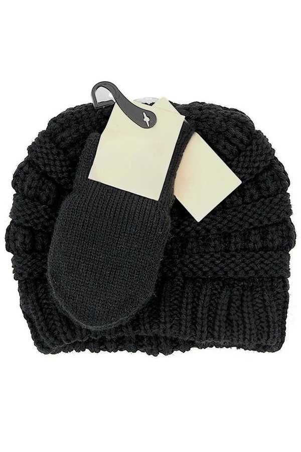Solid Ribbed Beanie and Mitten Glove - black