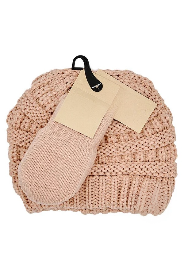 Solid Ribbed Beanie and Mitten Glove - Indi Pink