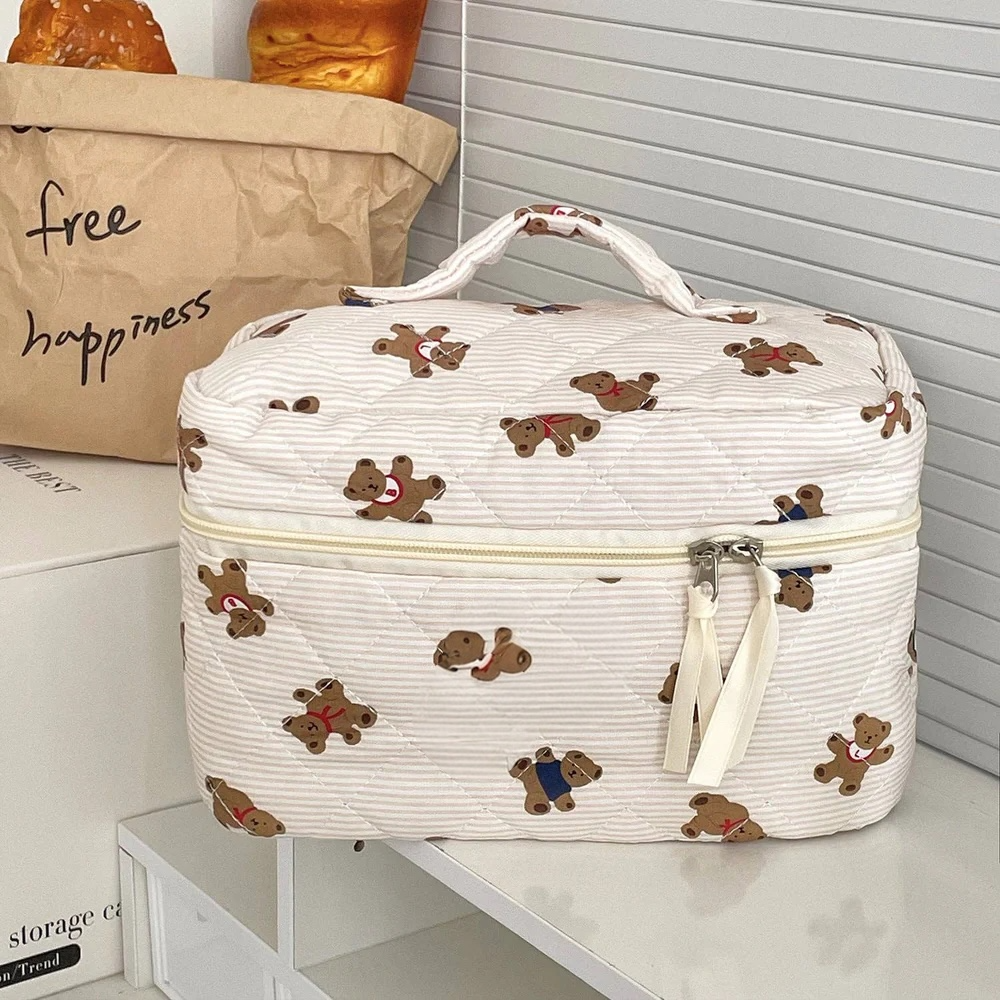 Bear Print Striped Bag: Natural Large