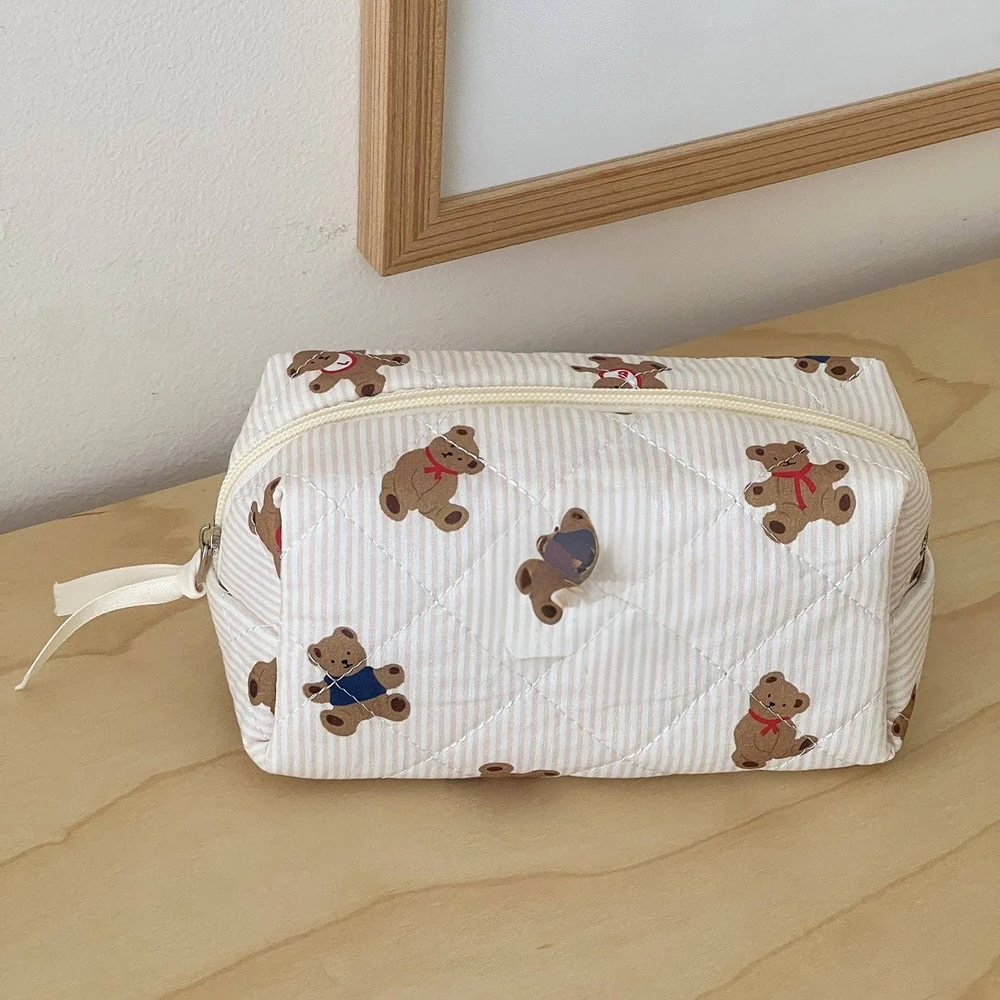 Bear Print Striped Bag: Natural Small
