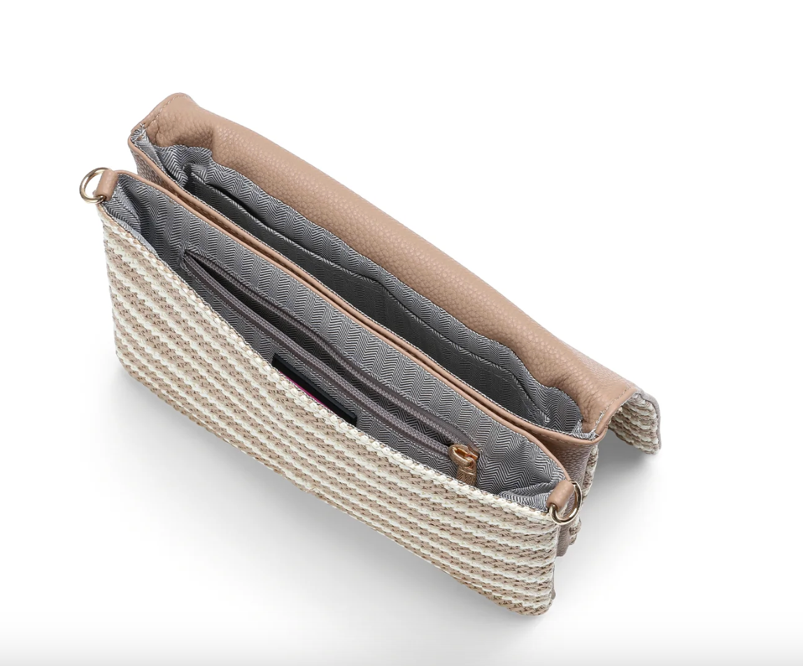 beige striped raffia crossbody