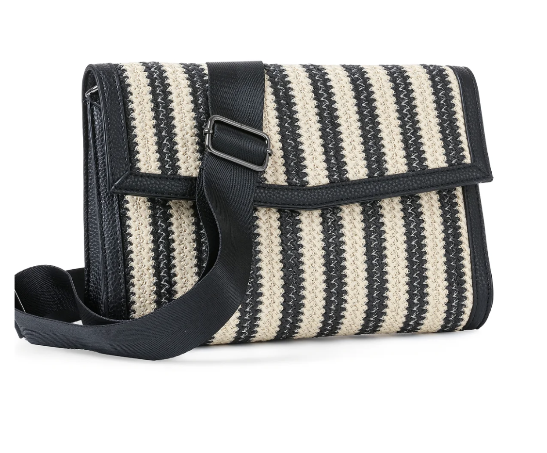 black striped raffia clutch