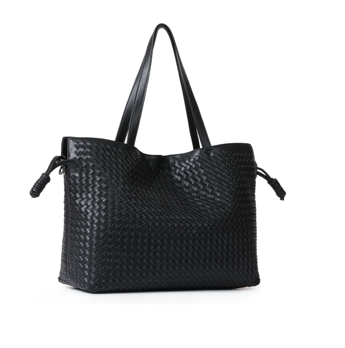 woven vegan leather tote- black
