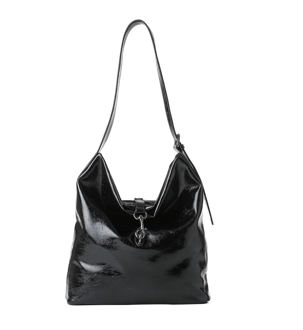 Black oiled vegan leather shoulder bag