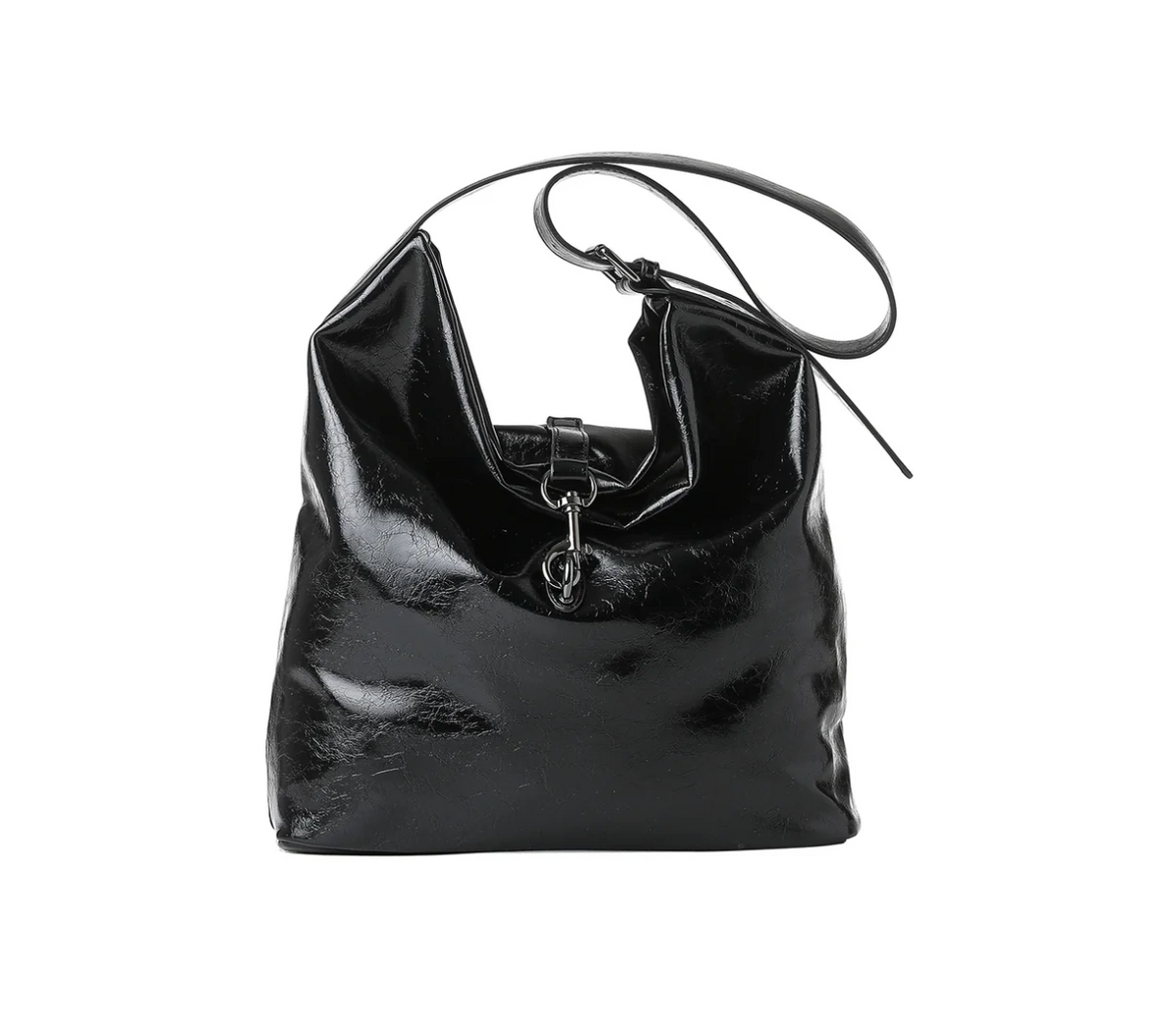 Black oiled vegan leather shoulder bag