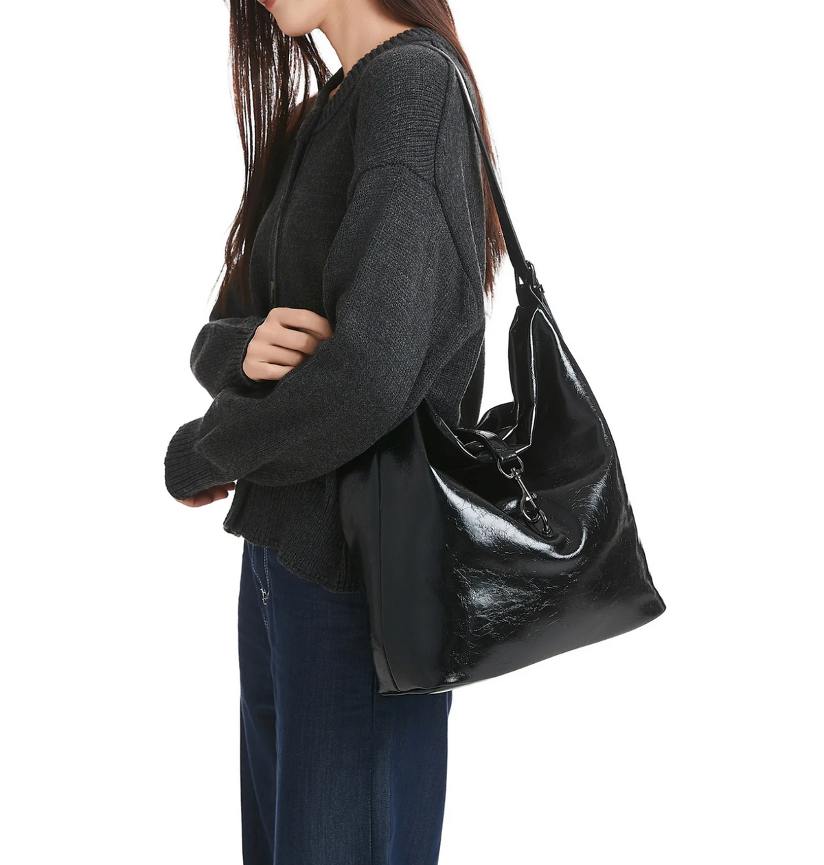 Black oiled vegan leather shoulder bag