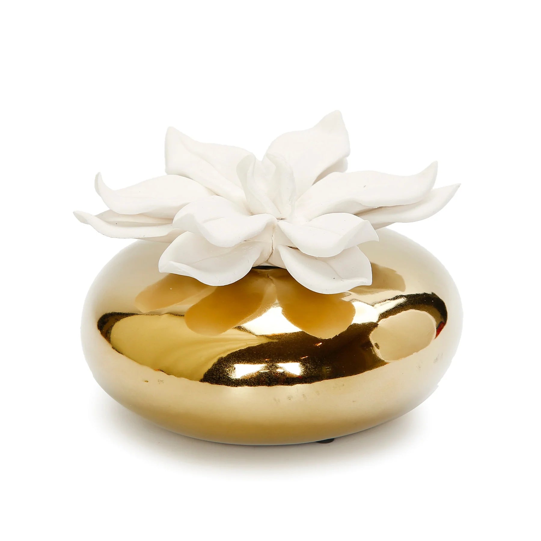 Diffuseur circulaire en or avec fleur blanche dimensionnelle, arôme « Iris et Rose »