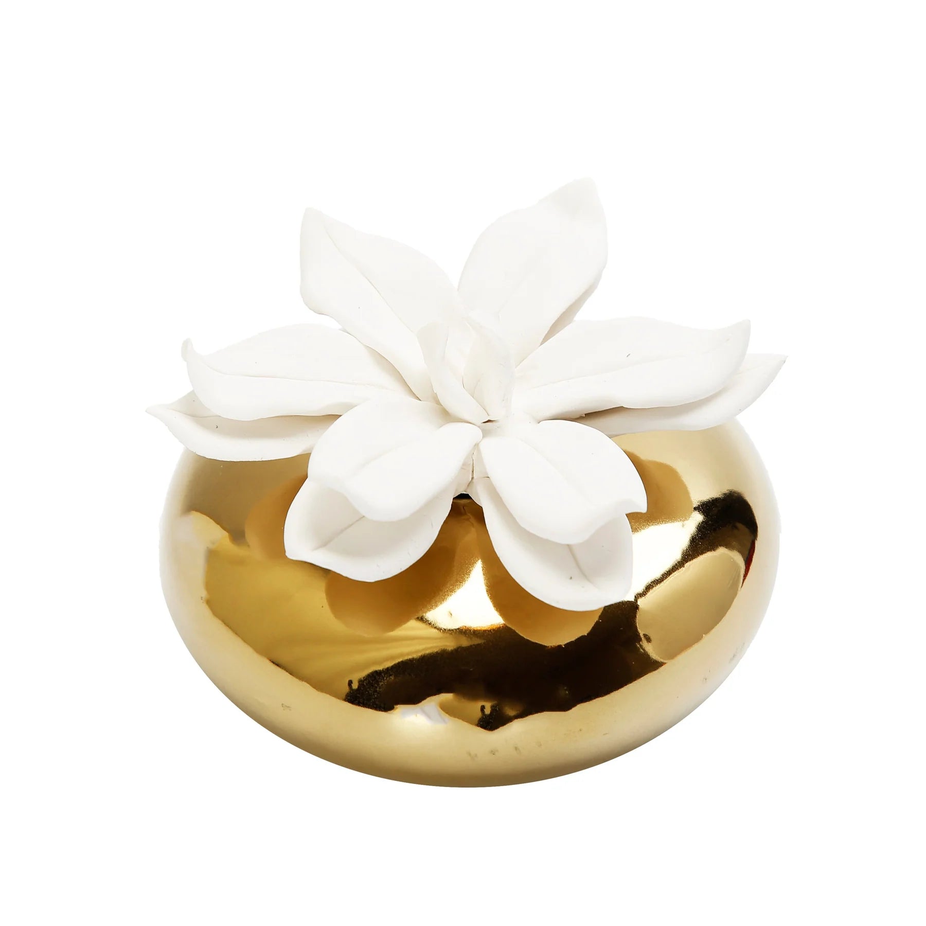 Diffuseur circulaire en or avec fleur blanche dimensionnelle, arôme « Iris et Rose »