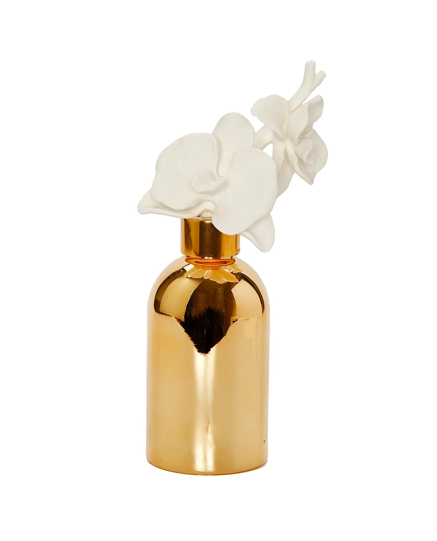 Diffuseur de bouteille d'or avec bouchon d'or et fleur blanche, parfum « Muguet »