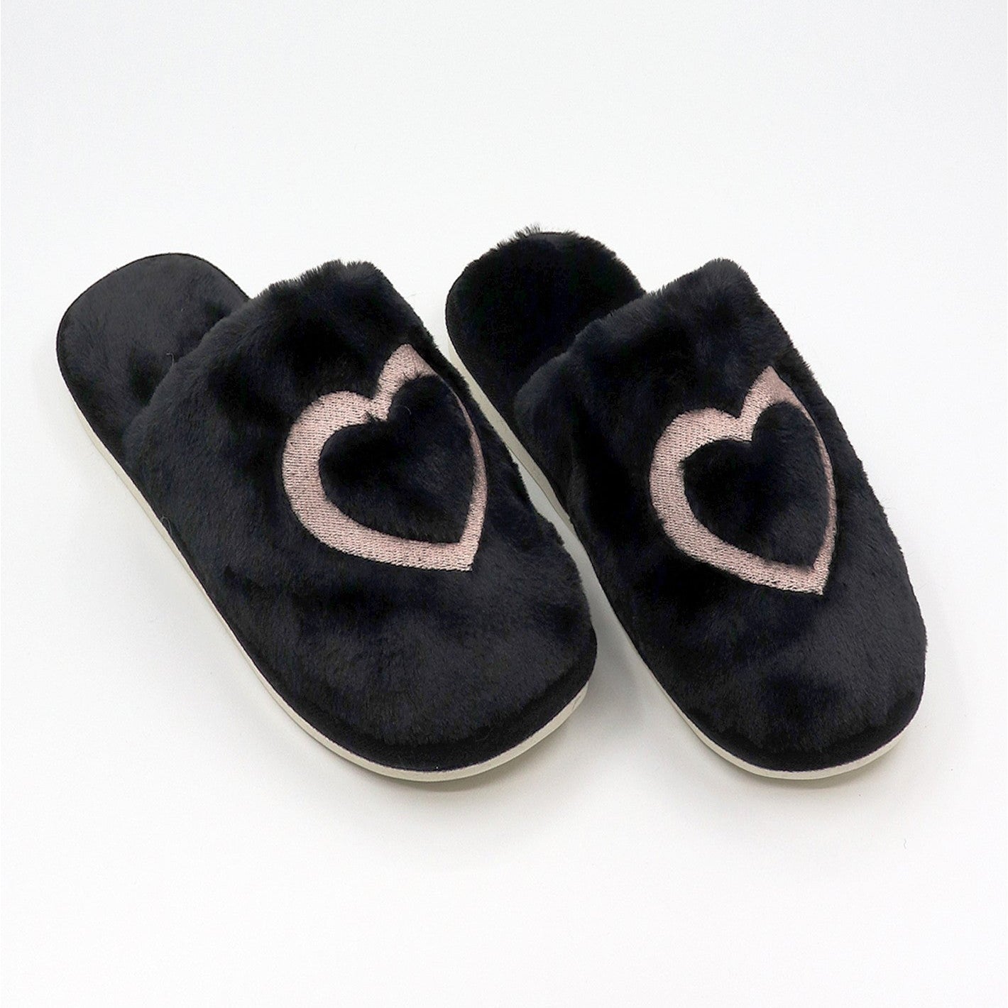 Soft Plush Heart Slippers - Black