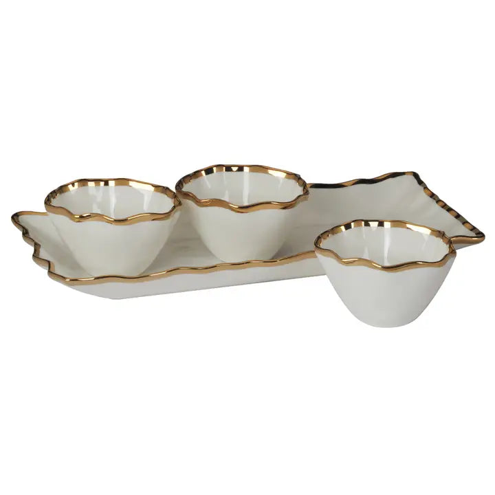 White and Gold 4 Pc. Tray W Bowls