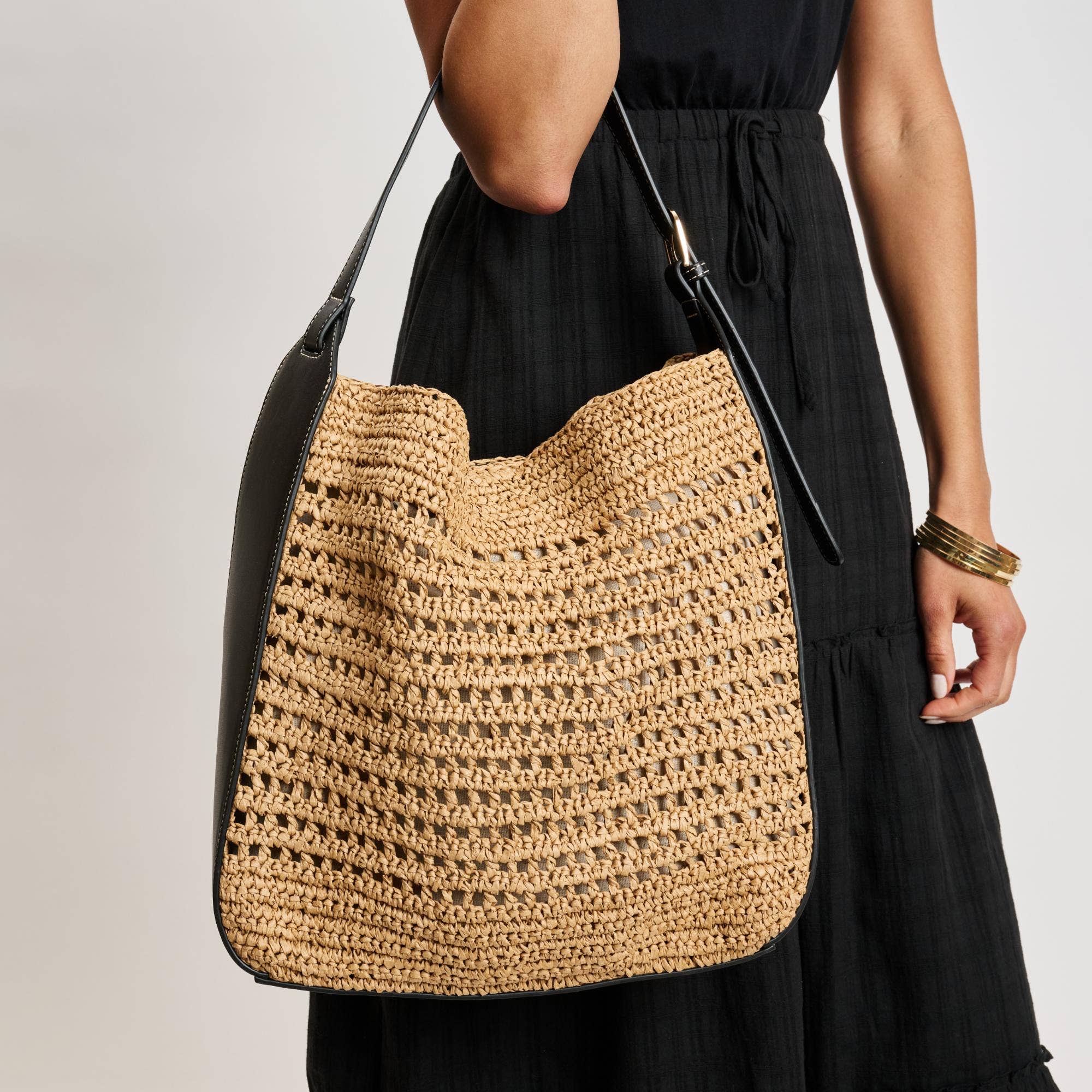 Sac Hobo en paille tressée - bordure noire