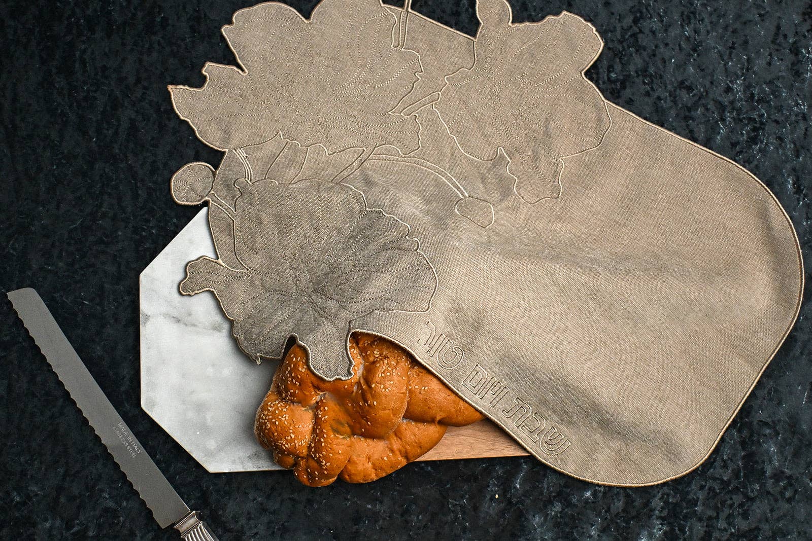 Taupe Flower Embroidered Challah Cover