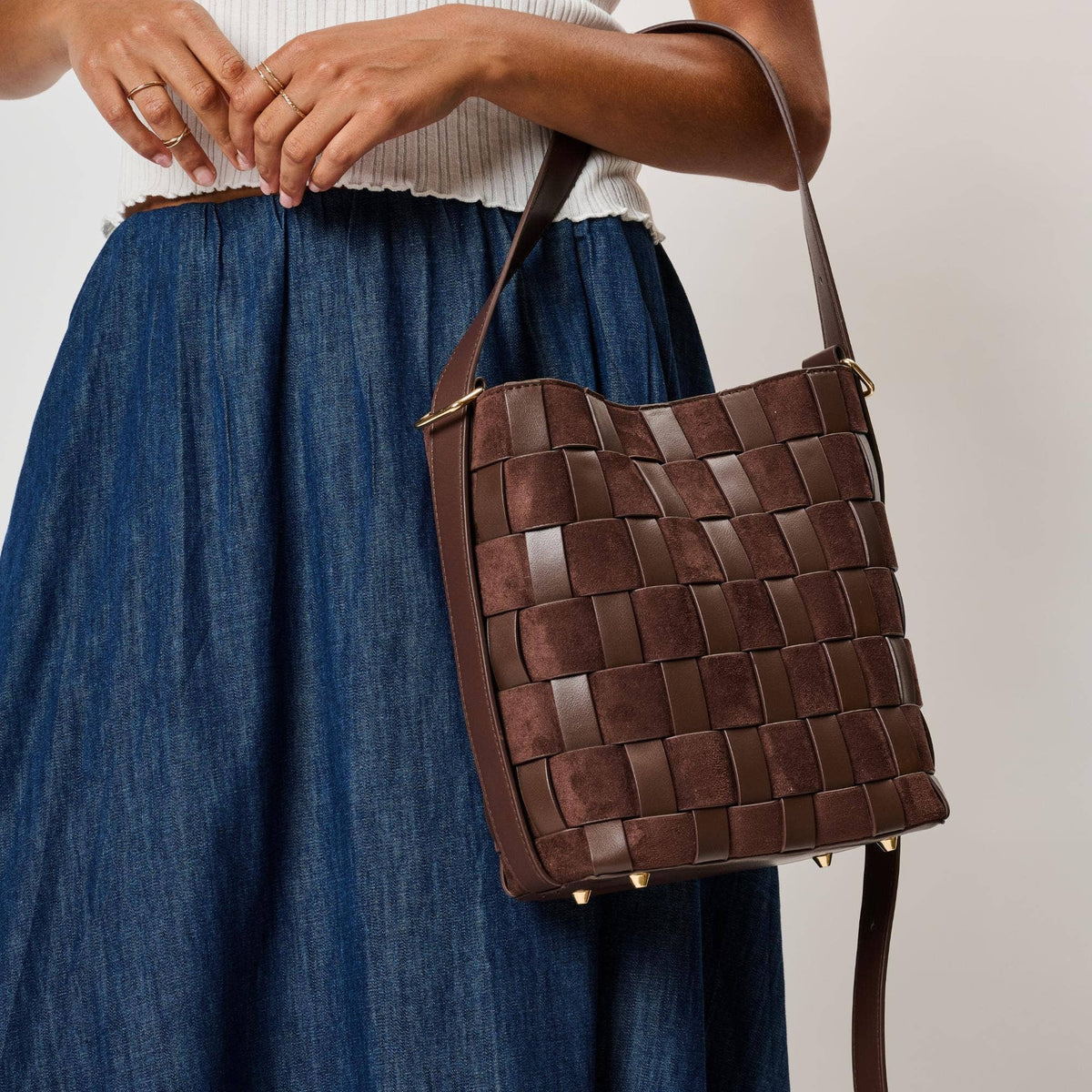 Vegan leather panel bucket bag - chocolate