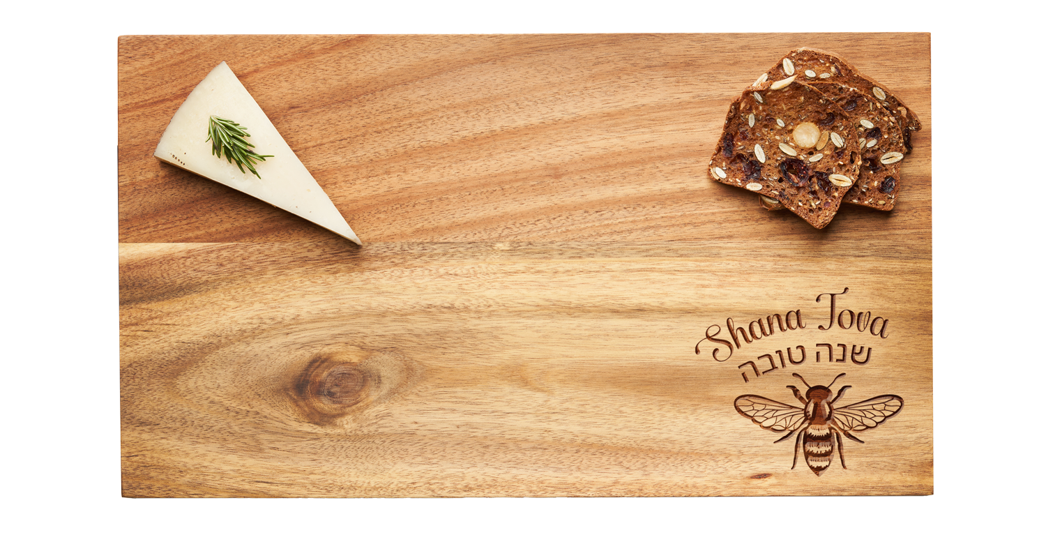 14x8" Acacia Rectangle Board | Shana Tova with Honeybee