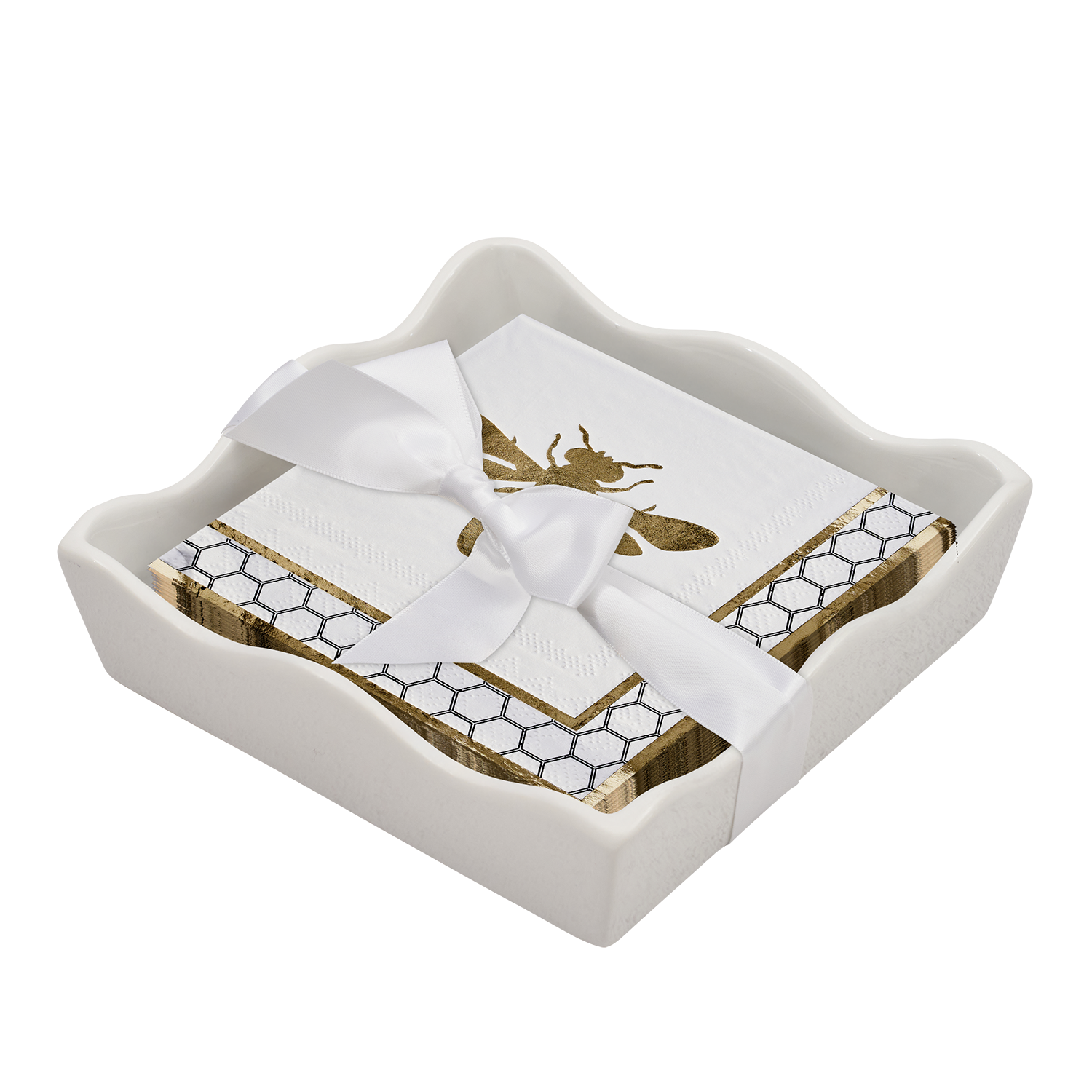 Ceramic Wave Napkin Tray with Cocktail Napkin - Honeybee