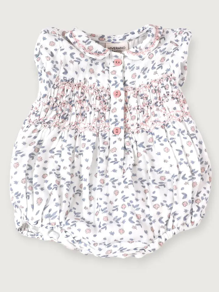 Sophia Floral Hand-Smocked Bubble Baby Romper (Organic)