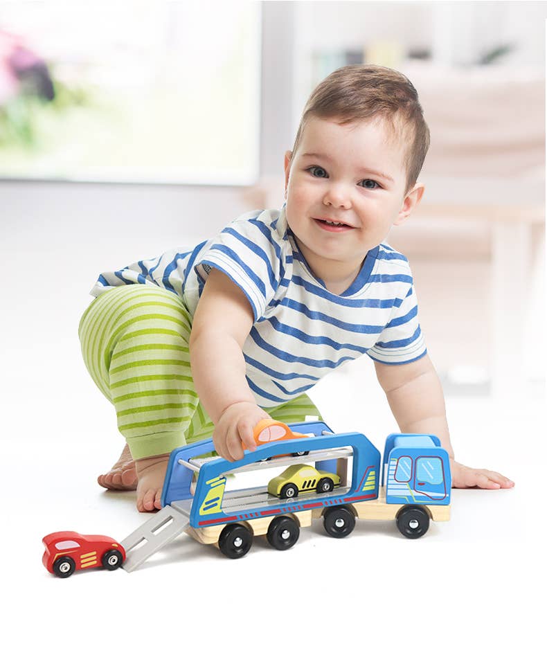 Wooden Car Carrier Set, 5-Piece Car and Truck Set