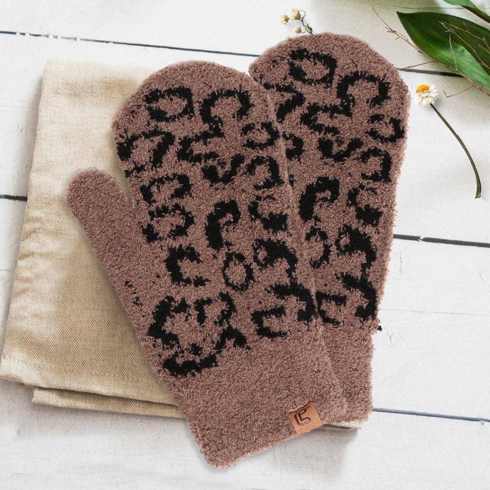 Soft Fuzzy Leopard Mitten Gloves -brown