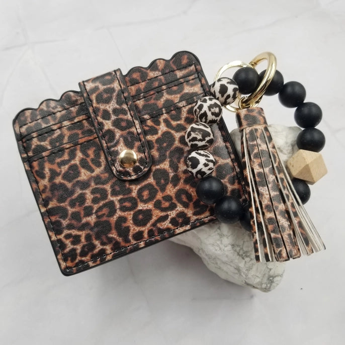Brown Leopard Card Holder and Key Chain Silicone Bead Bracelet