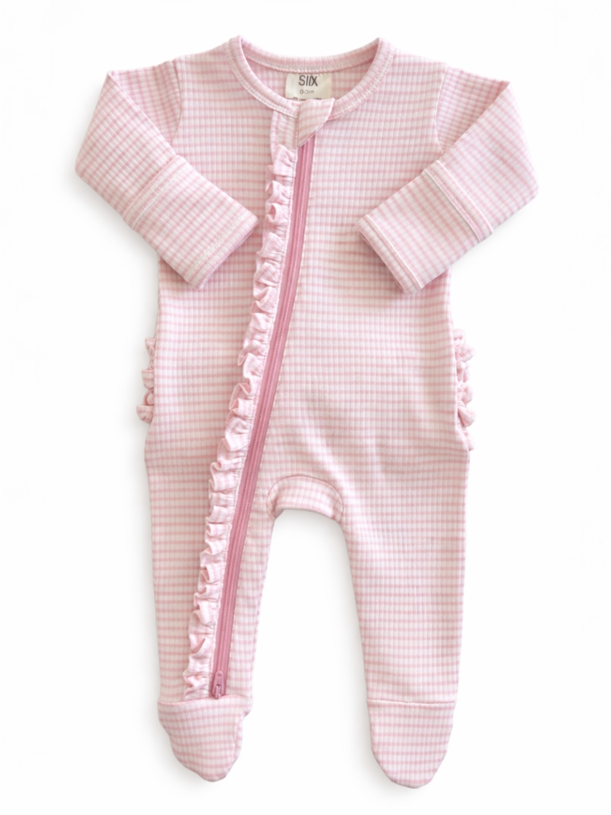 Ribbed Frill 2-Way Zip Footie - Pink Stripe