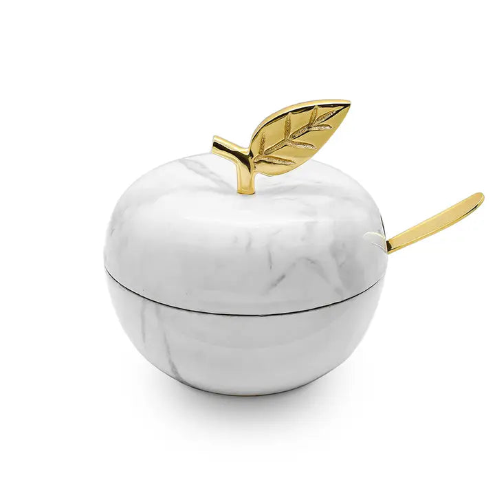 White Marble Honey Dish- Gold