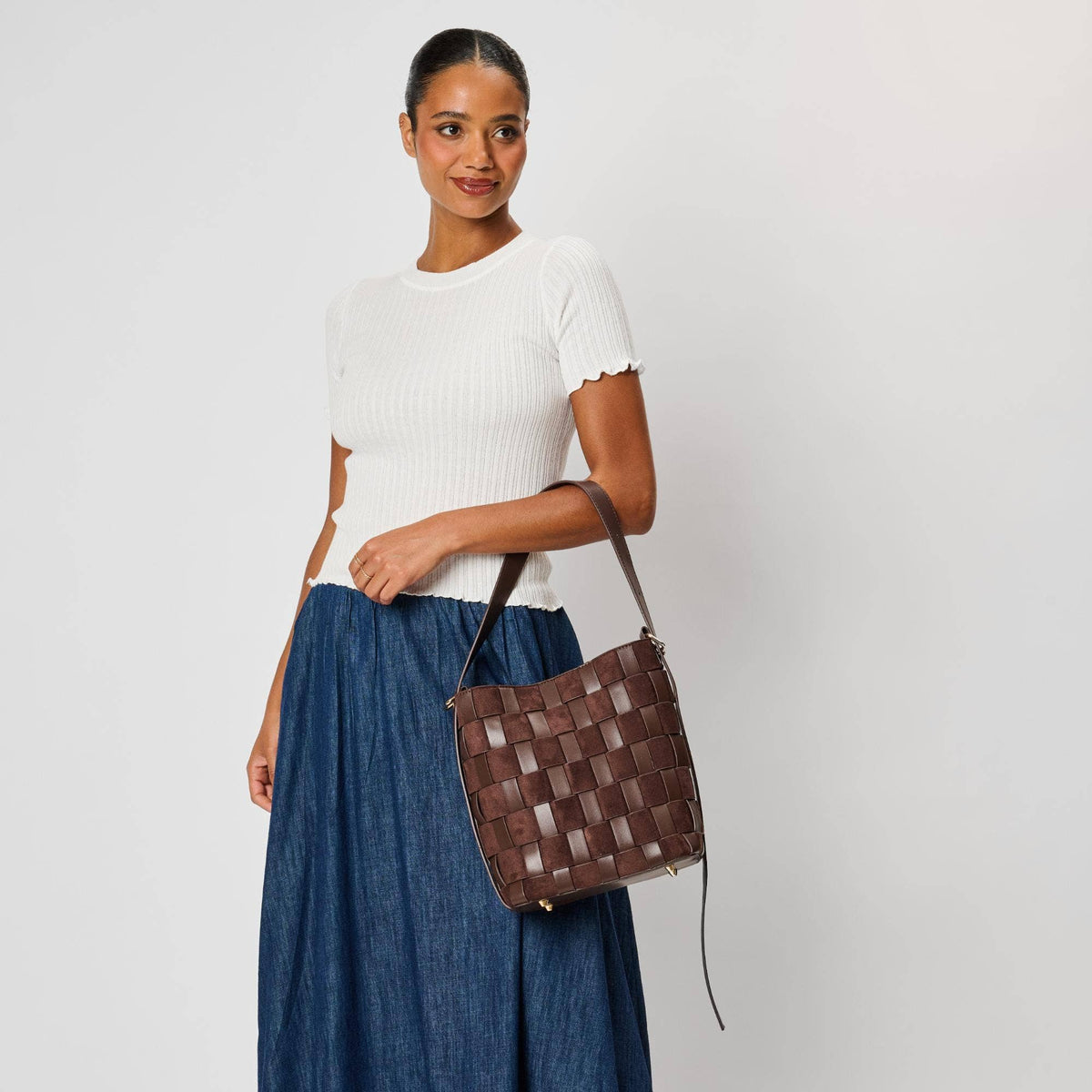 Vegan leather panel bucket bag - chocolate