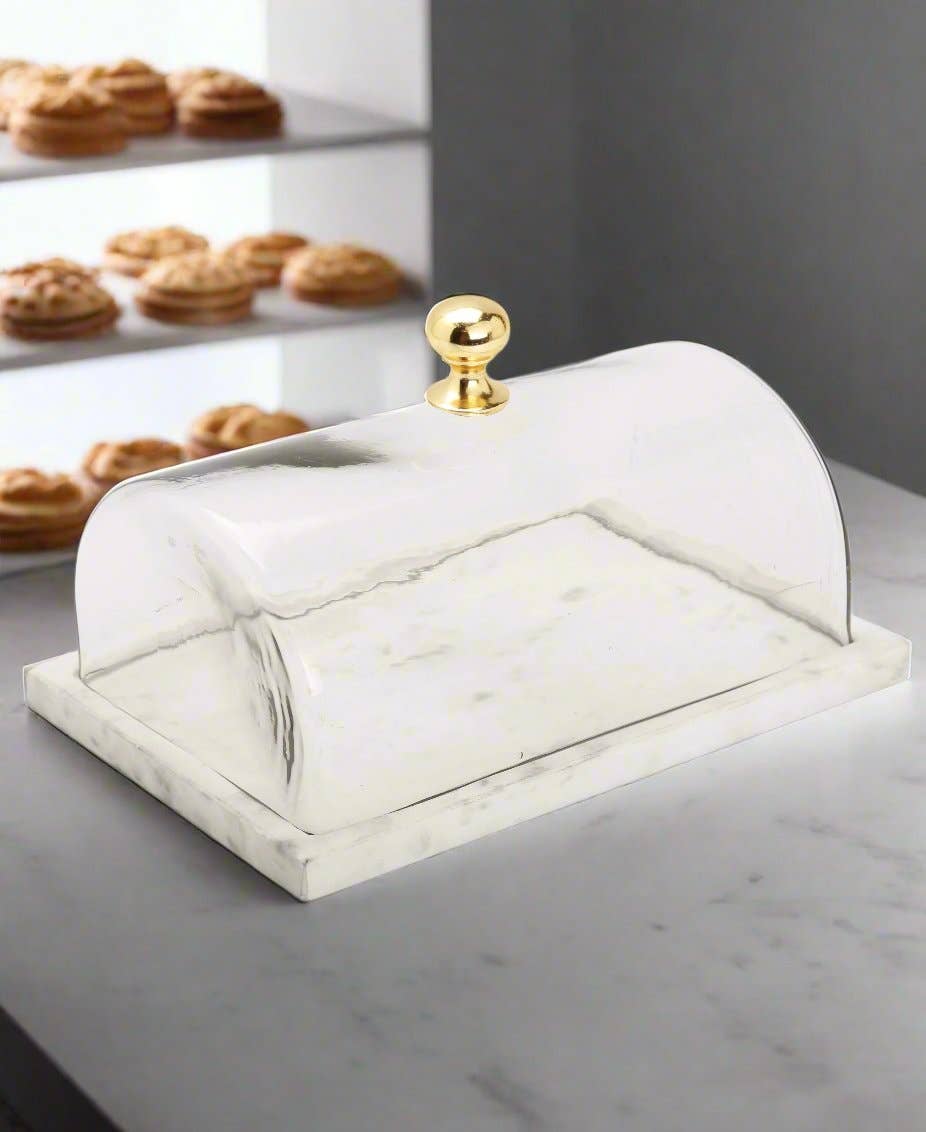 Rectangular Marble Cake Dome with Gold Knob - Large