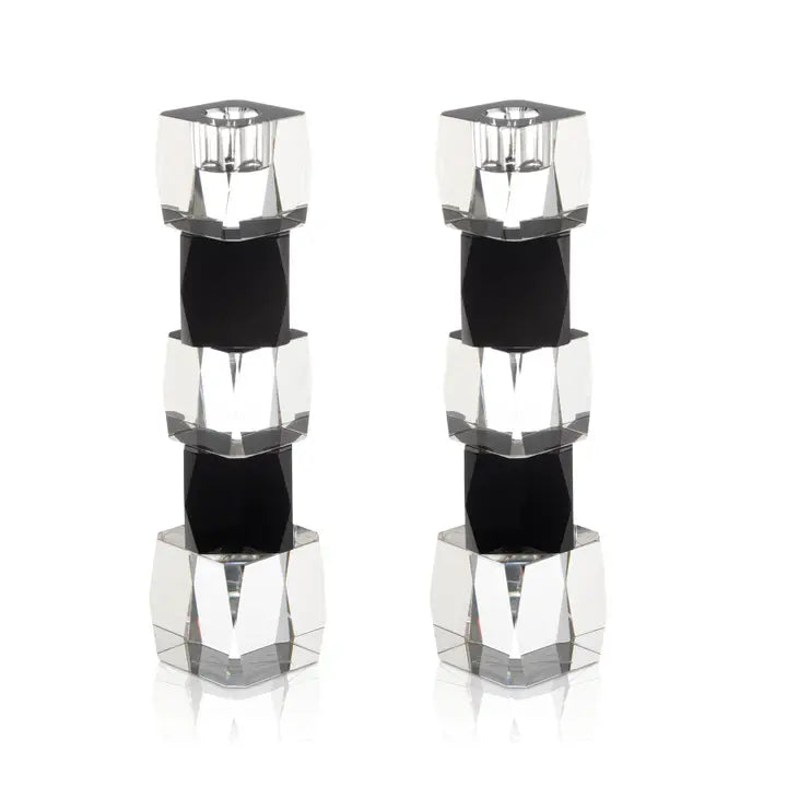 Crystal Cube Candlesticks -Clear and Black - Set of 2