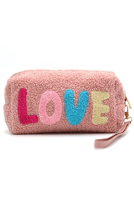 MP0164 COZY TEDDY FUR "LOVE" WRISTLET POUCH Blush