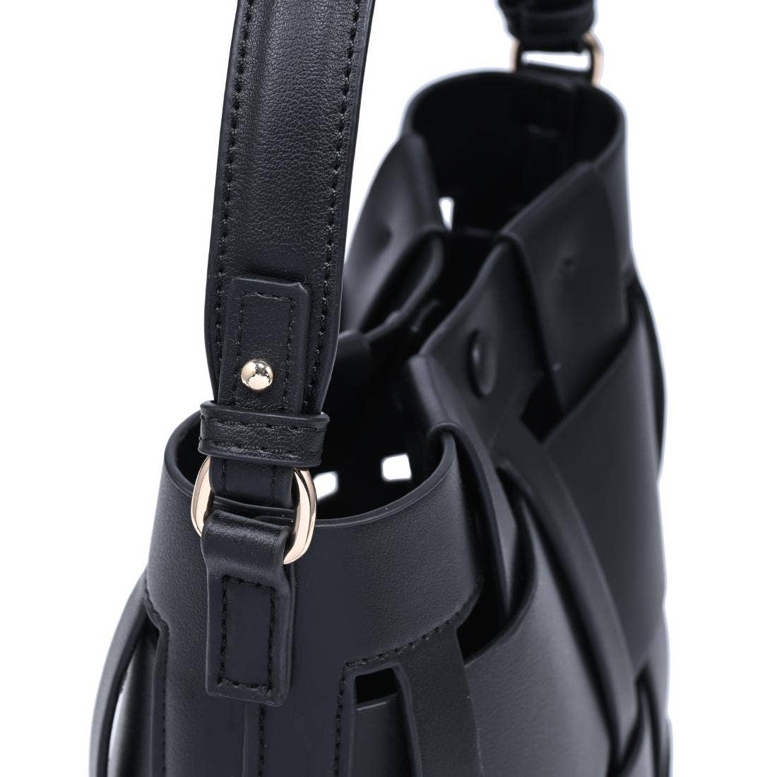 Woven-panel bucket bag - black