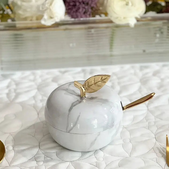 White Marble Honey Dish- Gold