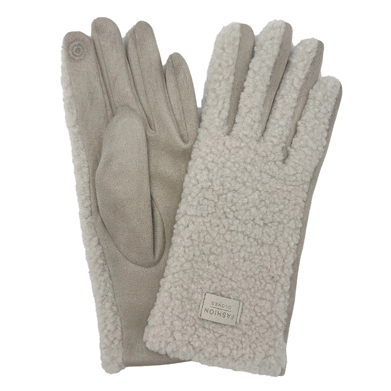 Fuzzy Sherpa Suede Smart Touch Winter Gloves OFF White