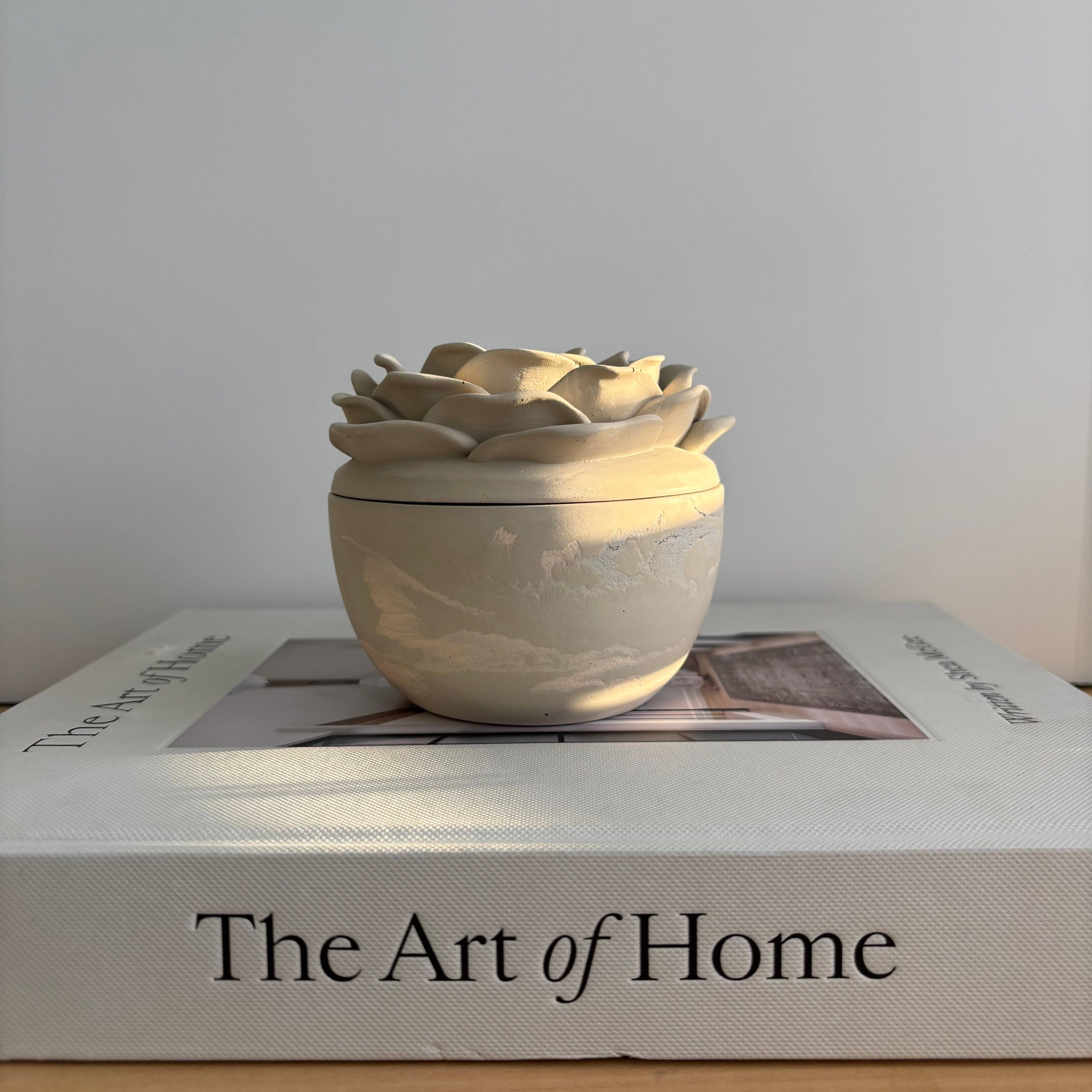 Bloom Rose Lid Concrete Vessel - tan and gray swirl