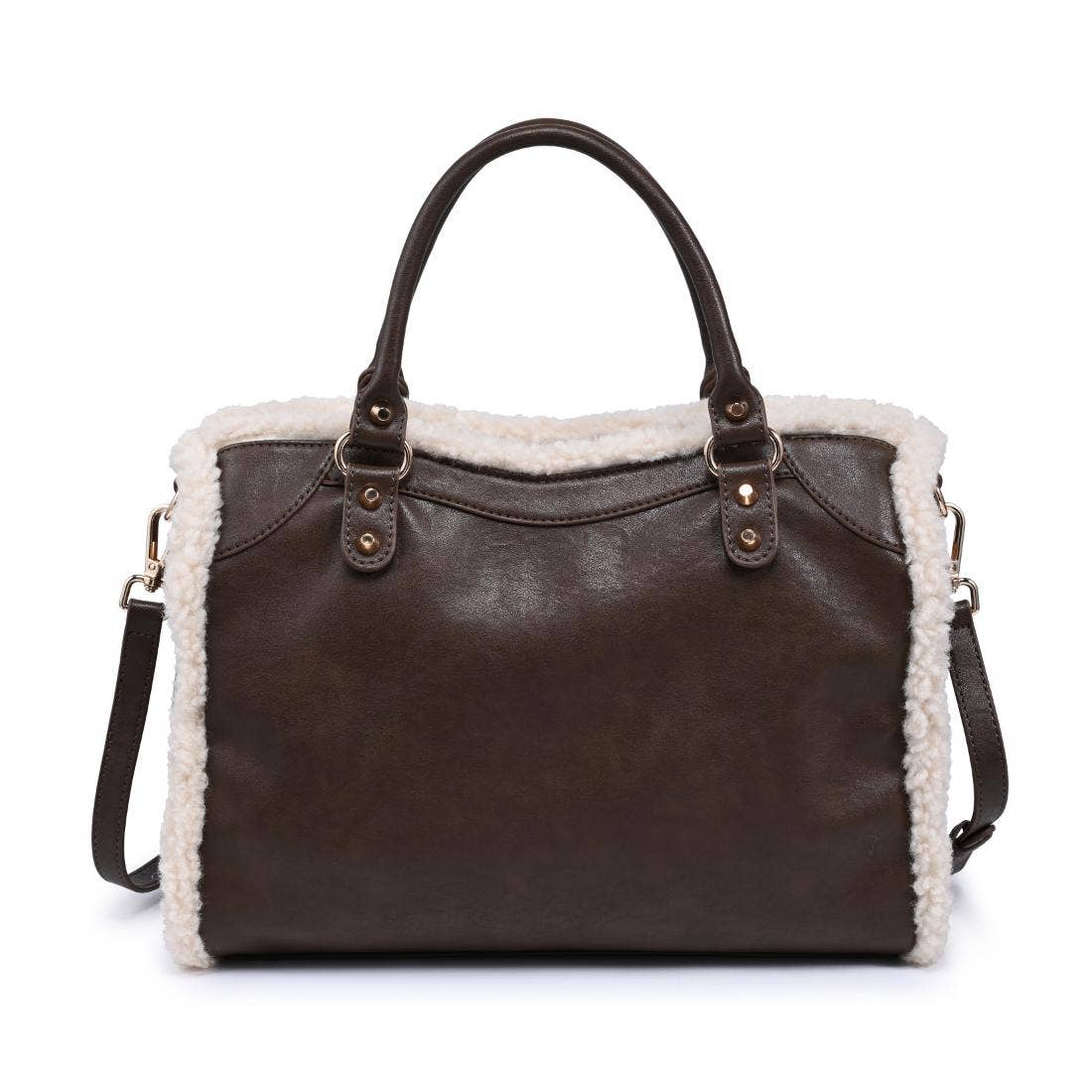 Shearling-trim vegan leather Satchel - chocolate