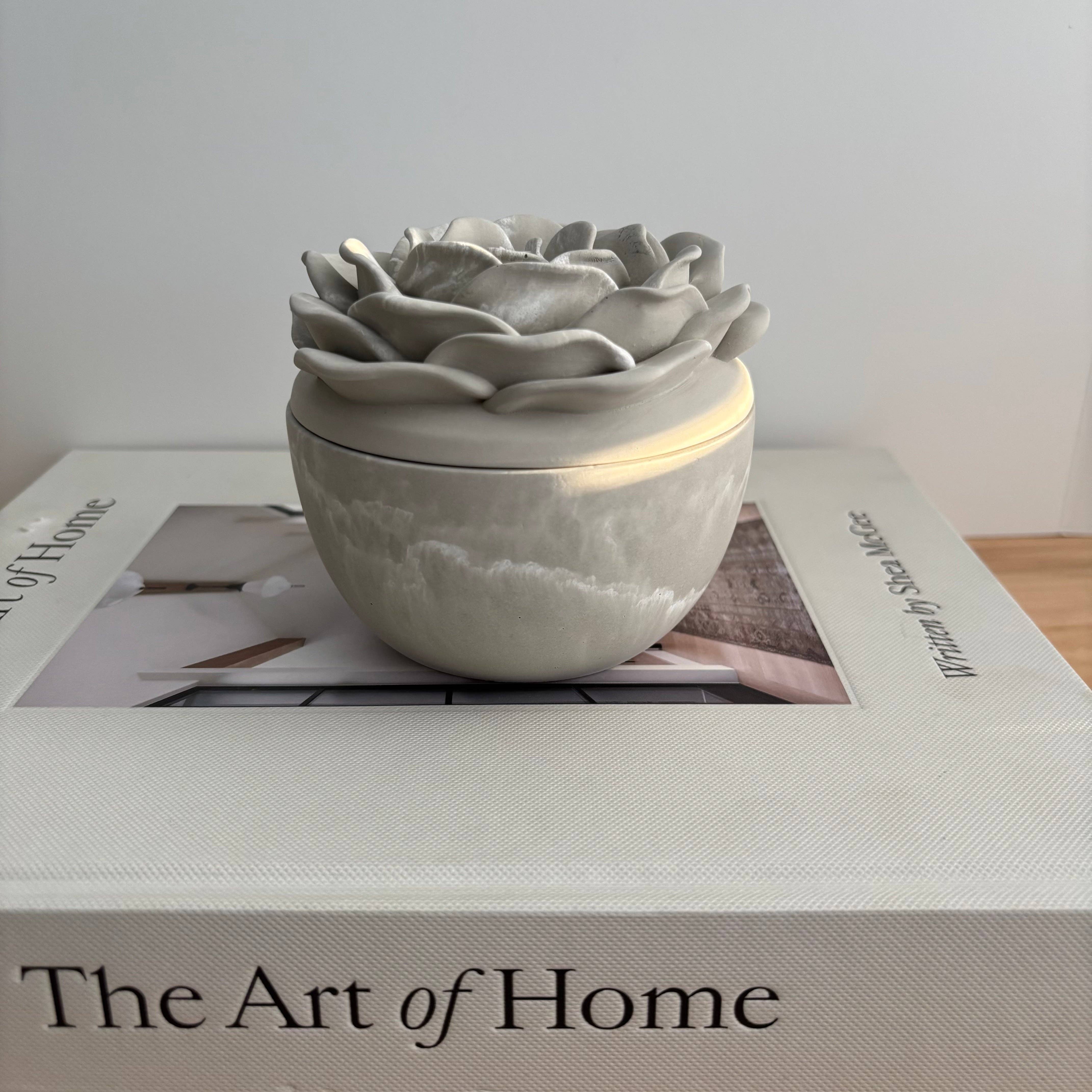 Bloom Rose Lid Concrete Vessel - gray and white swirl