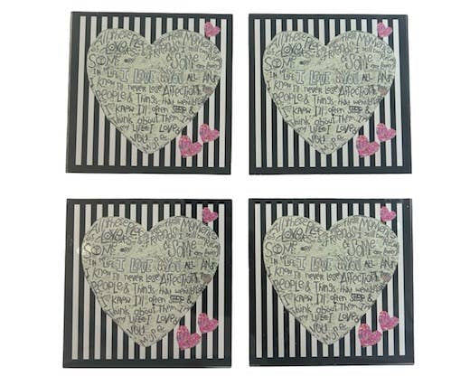 Set of 4 Acrylic Coasters in holder, Stripe Heart