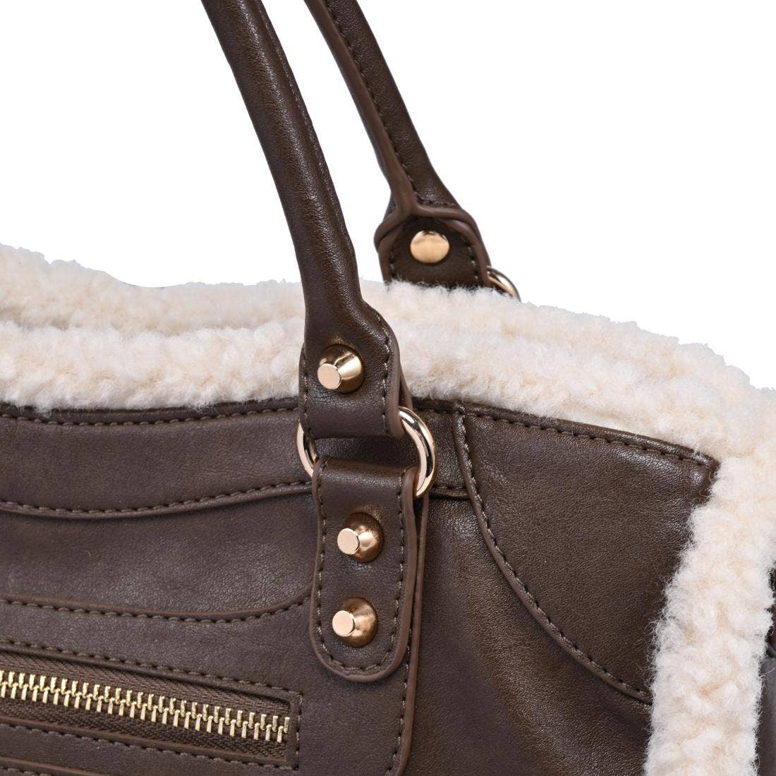 Shearling-trim vegan leather Satchel - chocolate