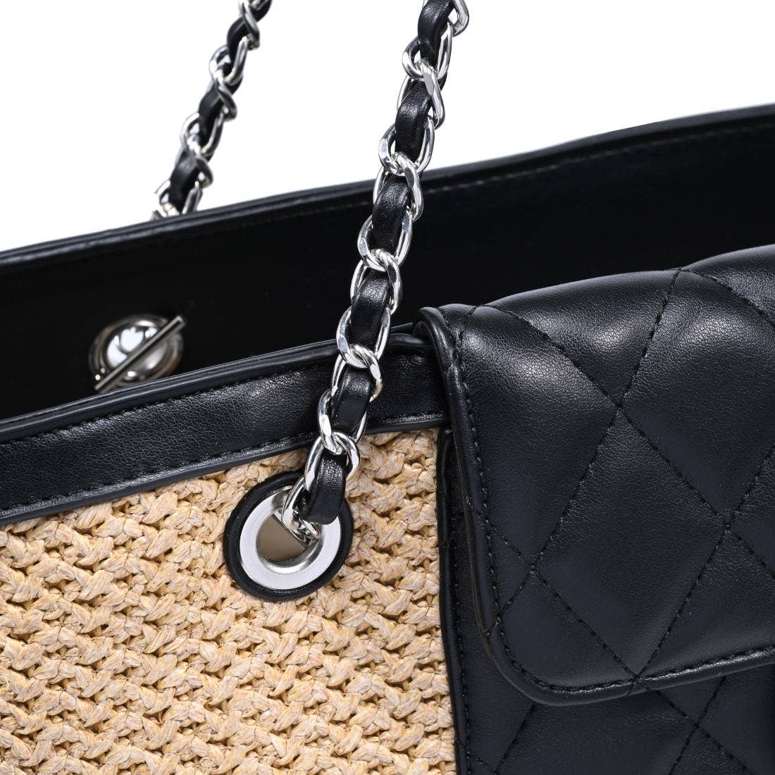 Woven Tote with quilted front pocket - natural black