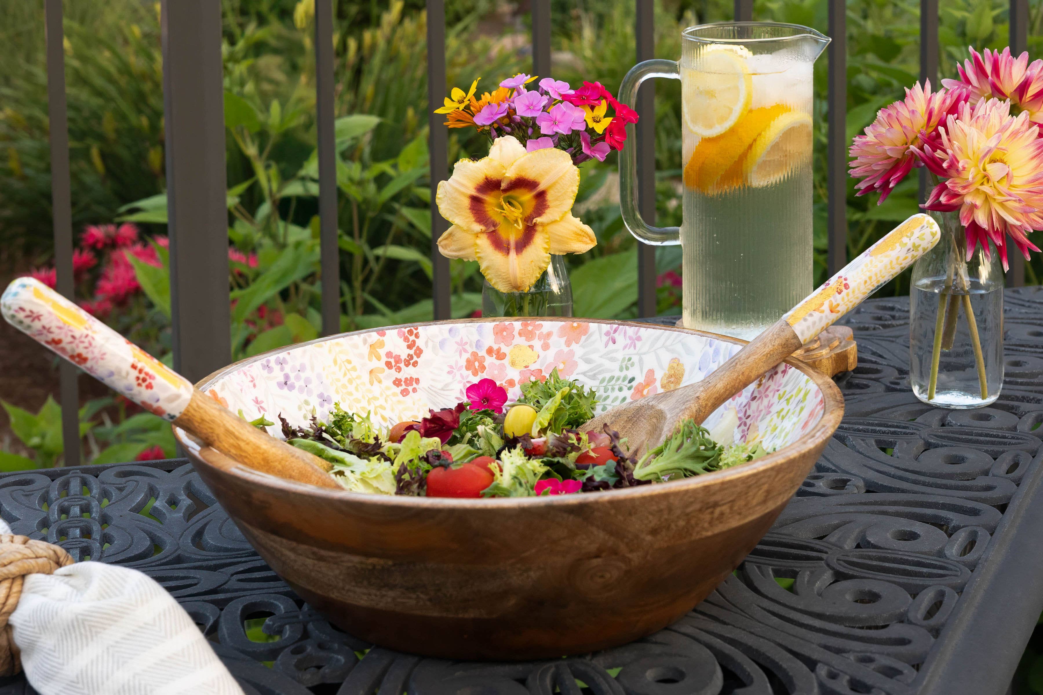 Large Floral Gold Foil Bowl and Salad Servers Set