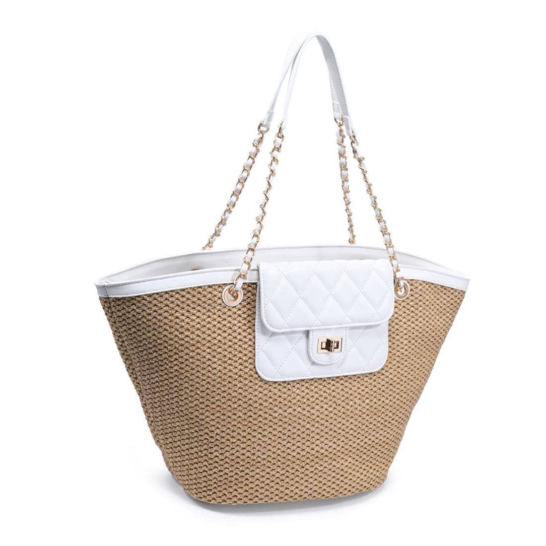 Woven Tote with quilted front pocket - natural white