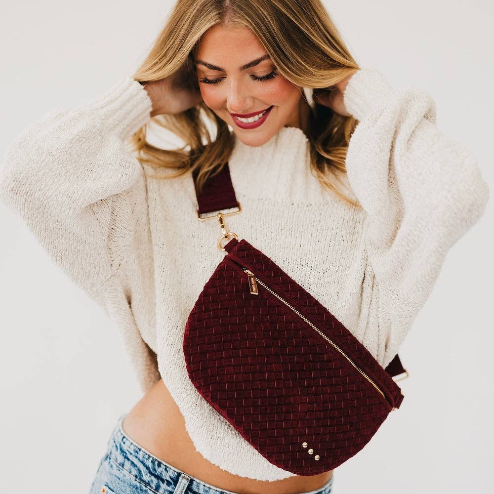 Suede Woven Bum Bag - burgundy