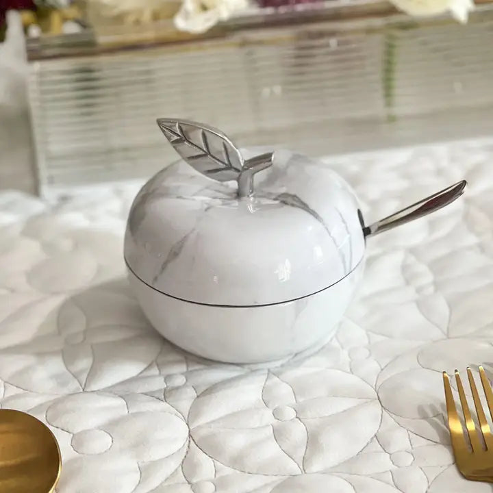 White Marble Honey Dish- Silver