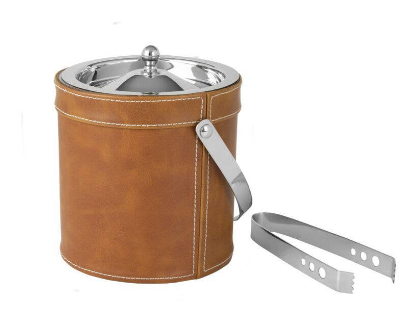 Leather Stitched Ice Bucket with Tongs