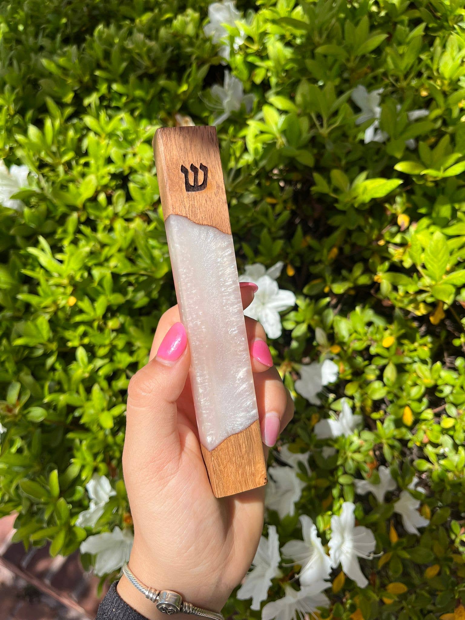 Resin WHITE and wood mezuzah