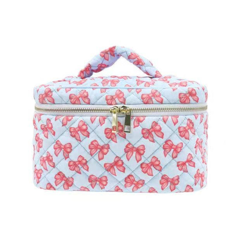Blue Ribbon Bow Quilted Cosmetic Bag