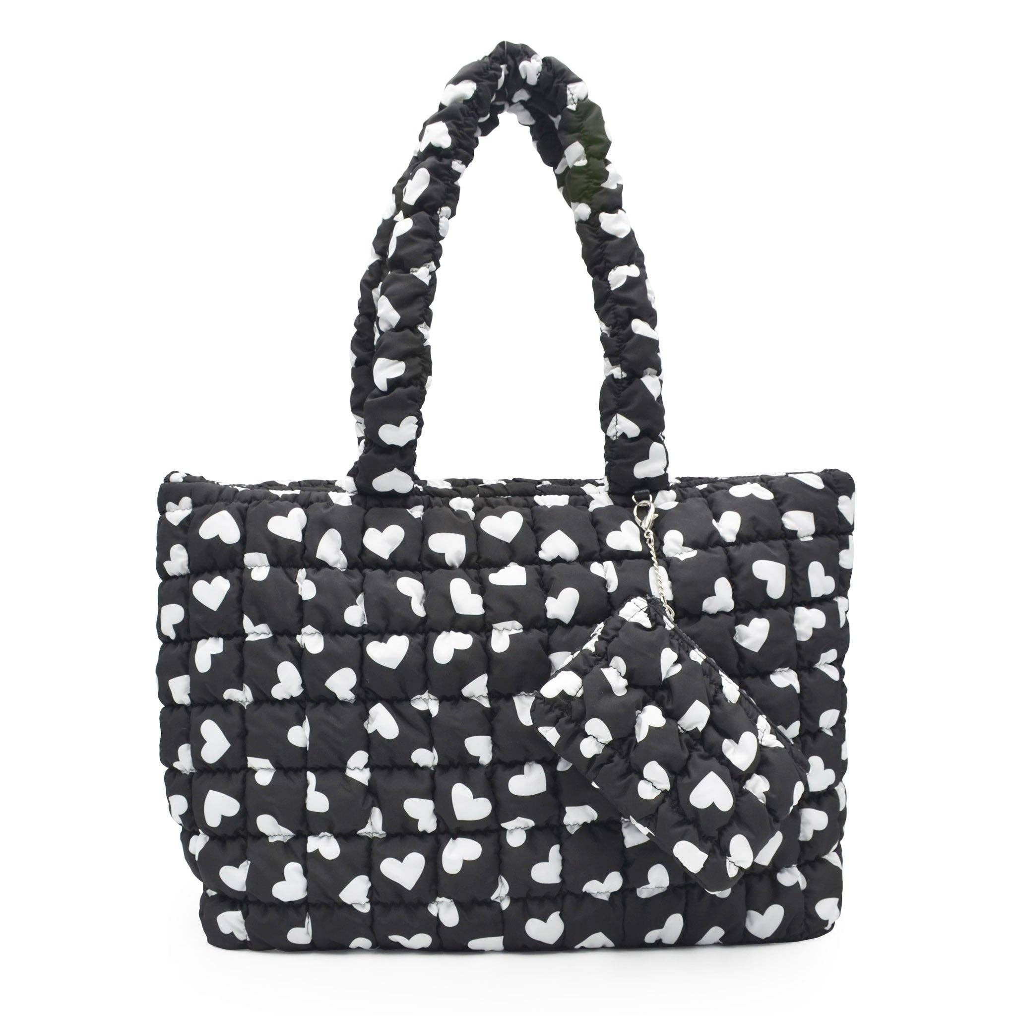 Quilted Scrunchies black hearts Printed Large Tote Bag with Coin Purse