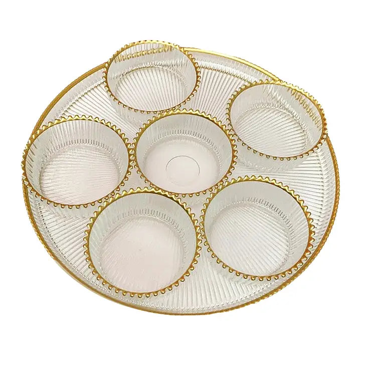 Glass Seder Plate with Gold Beaded Trim - with 6 Bowls