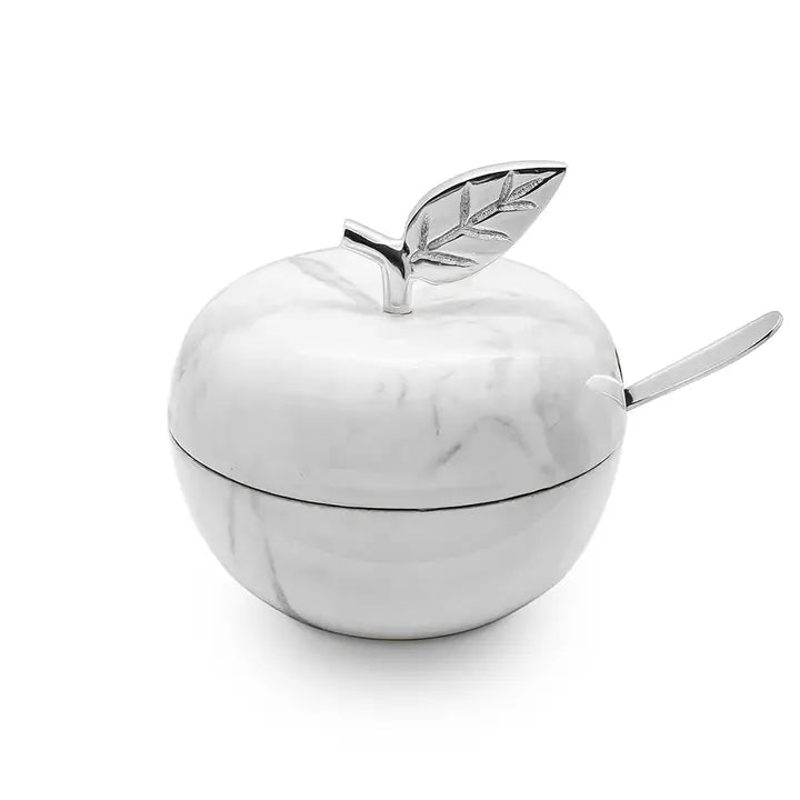 White Marble Honey Dish- Silver