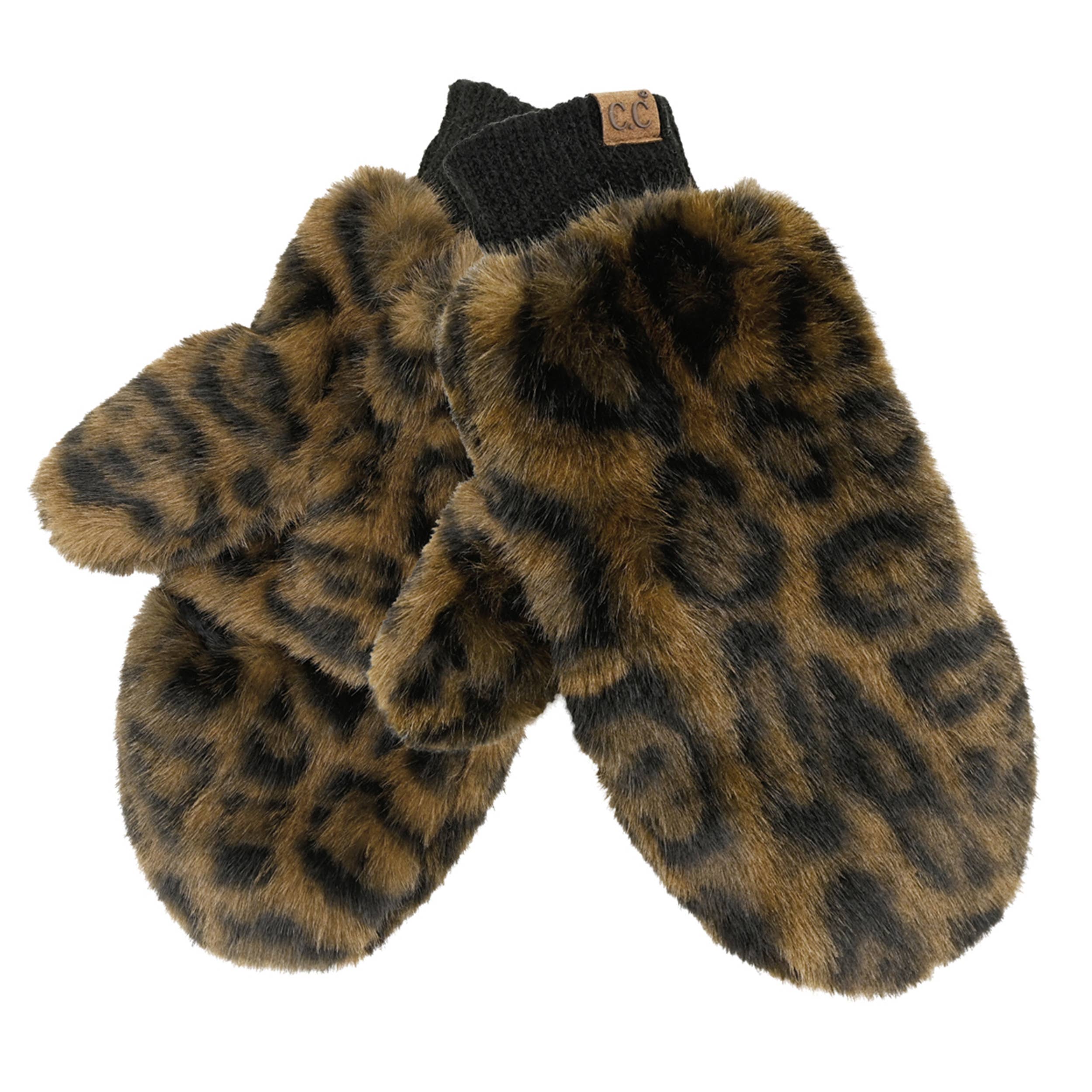 Leopard Fur Convertible Mitten Gloves - dark brown
